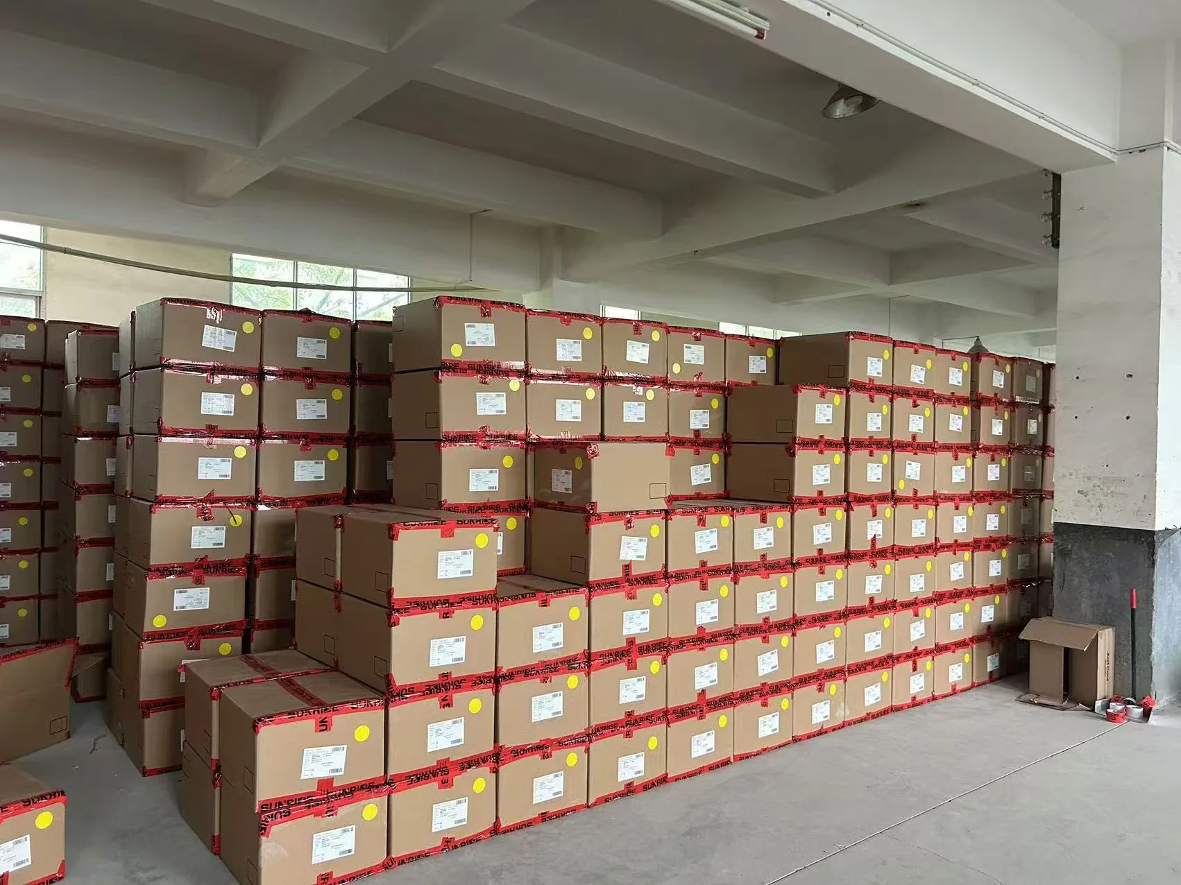 Packed cartons in the finished-goods storage area